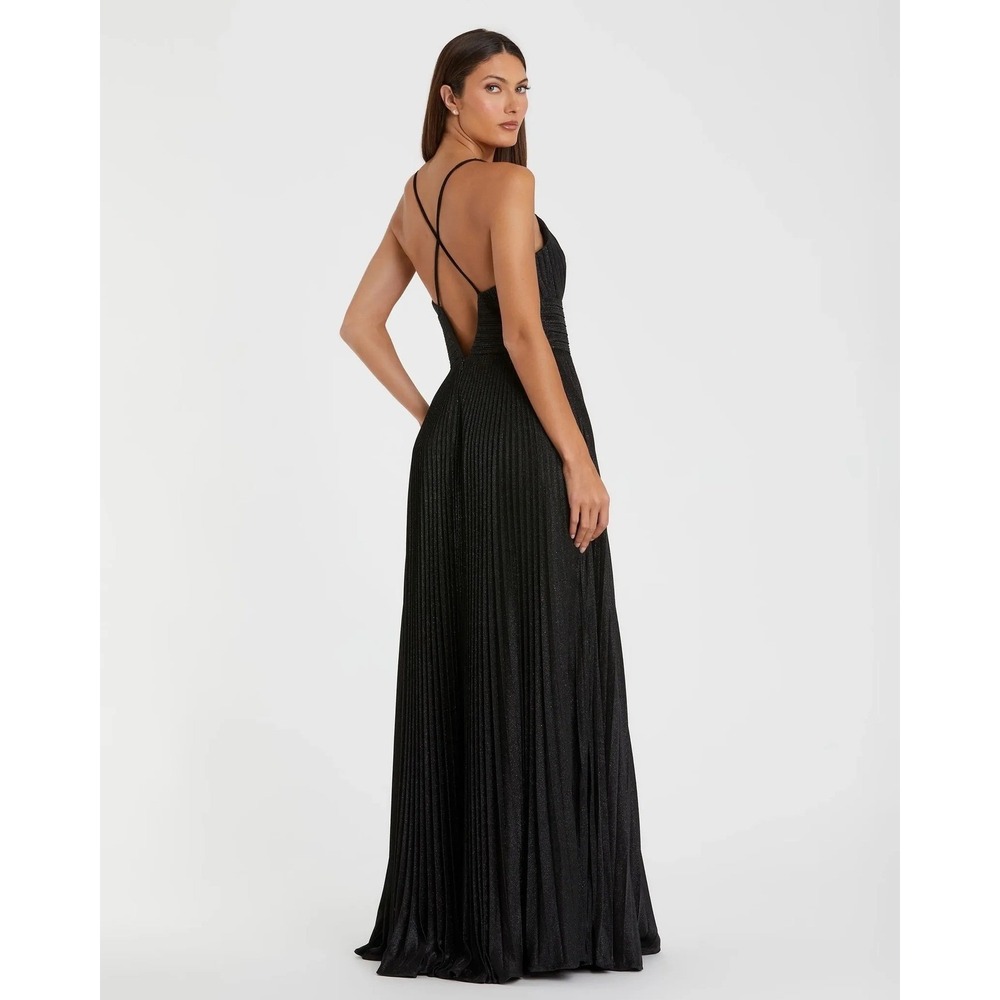 Mac Duggal 30725 Black Metallic Pleated V-Neck Open Back Maxi Gown Size 12 - Picture 2 of 9